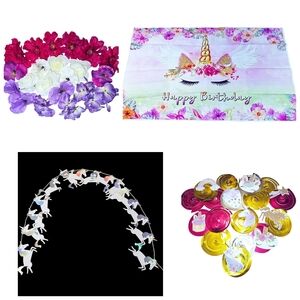 Unicorn Birthday Party Decorations Photo Backdrop Hanging Swirls Banner Flowers